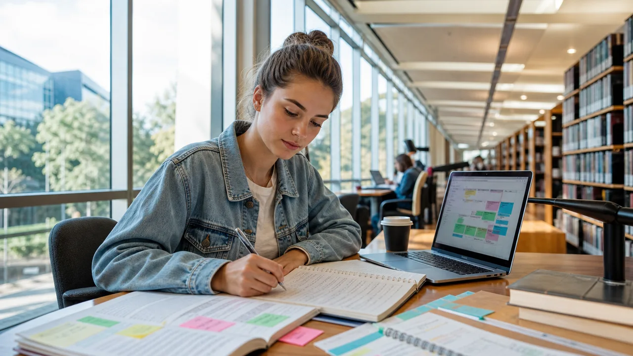 Student studying in a university library with notes and laptop — how to improve WAM at Monash